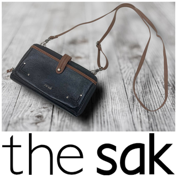 The Sak Black & Brown Leather Zip Around Continental Wallet with Crossbody Strap - Picture 1 of 8